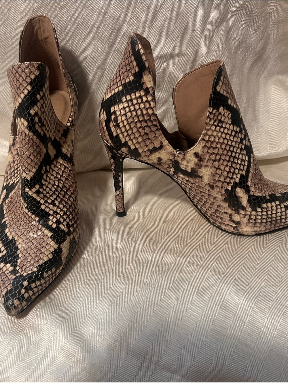 Aldo Snake-Print Pointed Stiletto Booties in Beige and Black